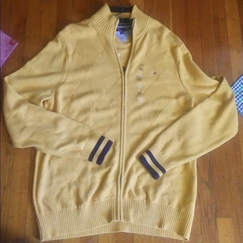 TH sweater . Mustard with Navy stripe on cuffs